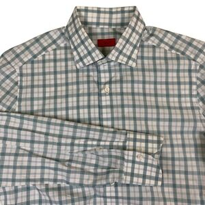 Isaia Napoli Mens Blue White Plaid Cotton Dress Shirt Made in Italy Size 15.5 39